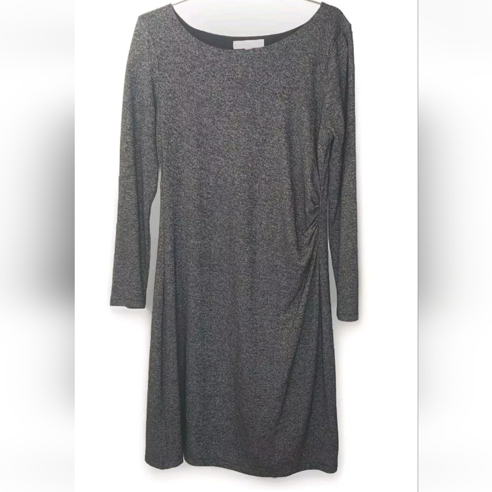 Ann Taylor Loft Sweater Dress Sz L Side Ruching Midi Charcoal Grey Stretchy L/S